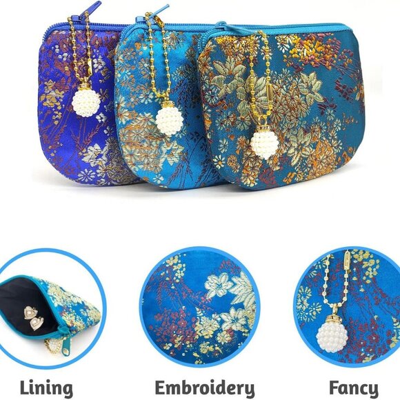 Handmade Women Coin Purse Brocade Zipper Wallet Silk Makeup Bag - SKYBLUE - Picture 5 of 6